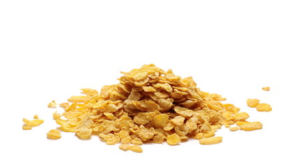 Crunchy corn flakes, cereal, muesli pile isolated on white background