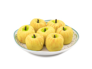 Apple Shaped Indian Dry Sweet Peda also called pedha, pera or peday is a prepared in thick, semi-soft pieces. the main ingredients are khoya, sugar and flavorings, including cardamom seeds