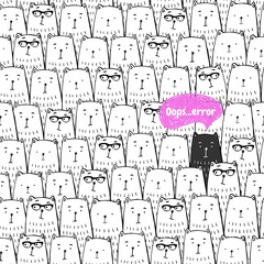 Funny illustration with dogs. One black dog among the whites. Oops, error. Hand drawn illustration.