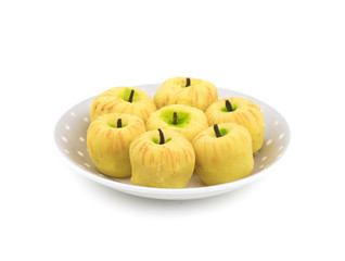 Apple Shaped Indian Dry Sweet Peda also called pedha, pera or peday is a prepared in thick, semi-soft pieces. the main ingredients are khoya, sugar and flavorings, including cardamom seeds