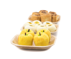 Indian Sweet Peda with Bhakarwadi or Apple Shaped peda Also Know as bakarwadi, bakarvadi, pedha or peday is a prepared in thick, semi-soft pieces. the main ingredients are khoya, sugar