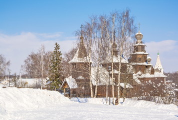 Gold ring of Russia. Winter Suzdal. Russian wooden architecture