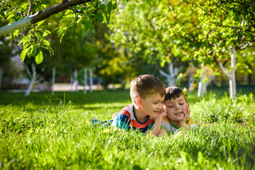 Naklejka na ściany i meble Happy children having fun outdoors. Kids playing in summer park. Little boy and his brother laying on green fresh grass holiday camp.