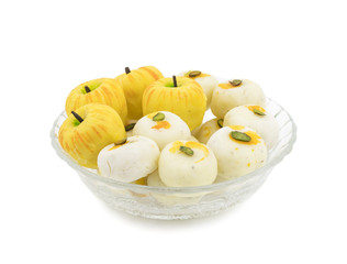 Indian Mix Sweet Food Apple Shaped Peda With White Peda Also Know as pedha, pera or peday is a prepared in thick, semi-soft pieces. the main ingredients are khoya, sugar and flavorings