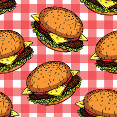 Vector colorful seamless pattern of a delicious fresh american burger with cheese, tomatoes, salad and meat over the table clothes background. Print design doodle style fast food