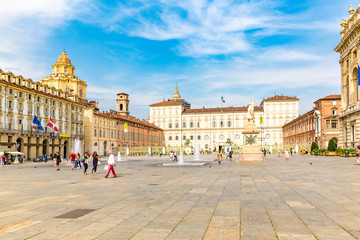 Fototapeta premium Turin, Piedmont, Italy, 06 September 2017. Facade of Royal Palace in Castello square; at Turin, north Italy
