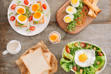 Various ways of cooking chicken eggs. Breakfast with eggs.