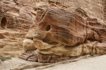 Obraz premium Stone resembling the outlines of an elephant in sandstone gorge Siq,Rose City, Petra, Jordan. Red canyon walls create many abstracts.