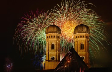 Cathedral, Frauenkirche, New Year's Eve fireworks, New Year's Eve, Munich, Bavaria, Germany, Europe