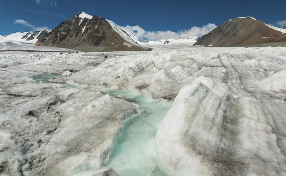 Icy Landscape With Glacial Stream, Altai Mountains, Mongolia, Asia