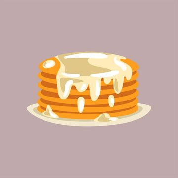 Fresh tasty pancakes with cream on a plate, traditional breakfast food vector Illustration