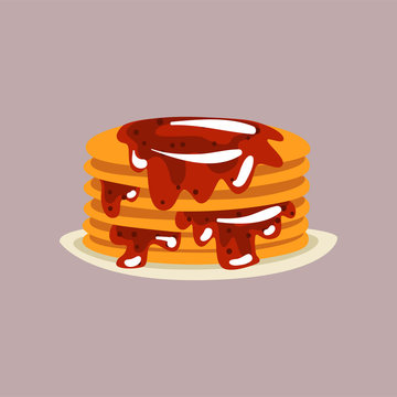 Fresh tasty pancakes with berry jam on a plate, traditional breakfast food vector Illustration