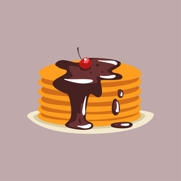 Fresh tasty pancakes with chocolate and cherry on a plate, traditional breakfast food vector Illustration