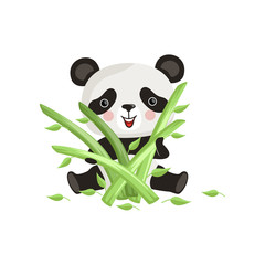 Cute panda sitting on floor and holding green bamboo sticks. Cartoon character of tropical animal. Flatvector design for print or sticker