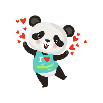Cartoon character of little panda in t-shirt. Funny bamboo bear with pink cheeks spreading love. Flat vector design for greeting card or print
