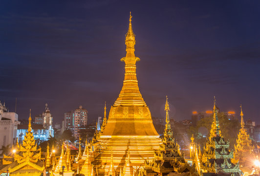 Scenery view of Sule pagoda one of an iconic Buddhist landmark in the centre of Yangon township of Myanmar.