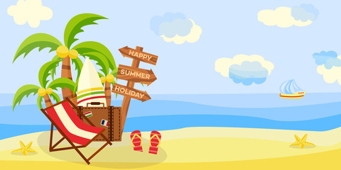 Naklejka premium Summer beach vacation horizontal banner with lounge and travel accessories on sand with palm trees near sea - sunny scene for resort holidays concept. Cartoon vector illustration of sea landscape.
