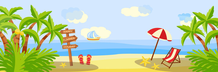 Naklejka premium Summer beach vacation horizontal banner with lounge and umbrella on sand with palm trees near sea - sunny scene for resort holidays concept. Cartoon vector illustration of sea skyline.