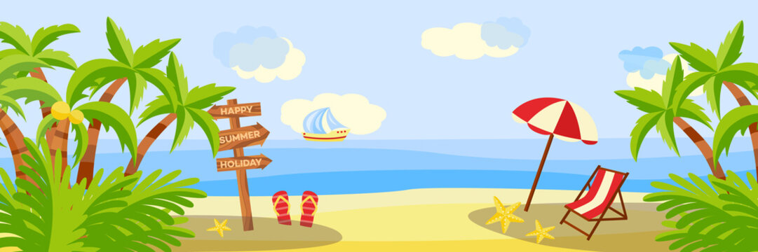 Summer beach vacation horizontal banner with lounge and umbrella on sand with palm trees near sea - sunny scene for resort holidays concept. Cartoon vector illustration of sea skyline.