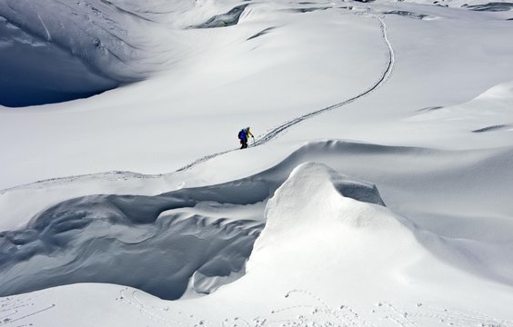 Two ski mountaineers on the Lang Glacier, Blatten, Lotschental, Valais, Switzerland, Europe