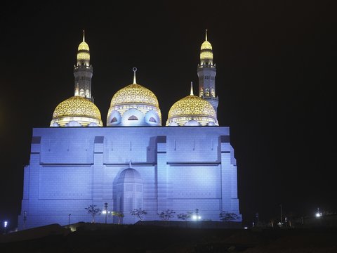 Illuminated Mohammed Al Ameen Mosque, night view, Muscat, Oman, Asia