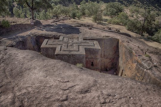Monolithic rock carved church of the Copts, Prayer of Giyorgi or St. George, Rock Church of Lalibela, Unesco World Heritage Site, Lalibela, Amhara Region, Ethiopia, Africa