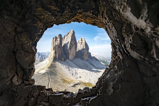 View from war tunnel, via ferrata to the Paternkofel, north walls of the Drei Zinnen, Sexten Dolomites, South Tyrol, Italy, Europe