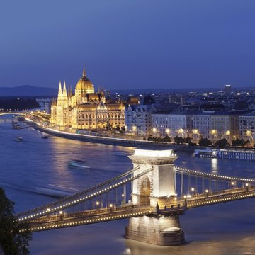 View from the castle hill over the Szechenyi Chain Bridge to the parliament, Danube, Budapest, Hungary, Europe