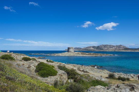 Old watchtower on the beach La Pelosa, Sardinia, Italy, Europe