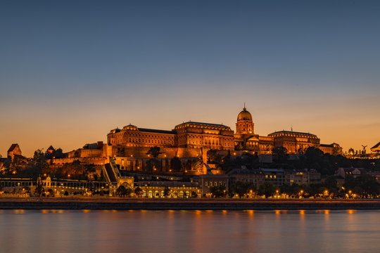 Danube and castle hill with Buda castle, Blue Hour, Budapest, Hungary, Europe