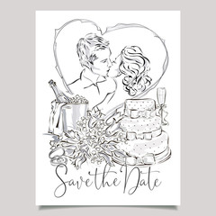 Wedding greeting card with bride and groom, wedding cake, champagne, flowers and wedding rings. Clip art set black and white wedding invitation template vector illistration - 204194487