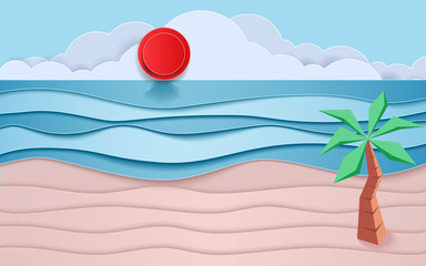 Blue sea and beach paper waves with coconut and sun. Paper cut style