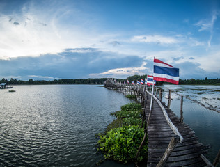 wood bridge  bring us to another side of the lake iwhen twilight