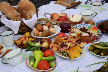 Homemade breakfast outside preparing a lunch for workers in the field