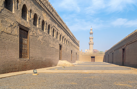 Passages surrounding Ibn Tulun mosque with minaret of Amir Sarghatmish mosque at far distance, Sayyida Zaynab district, Medieval Cairo, Egypt