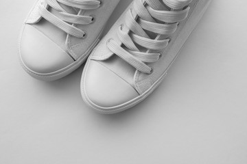 Pair of white sneakers with copy space