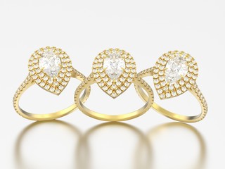 3D illustration three gold decorative pear diamond rings