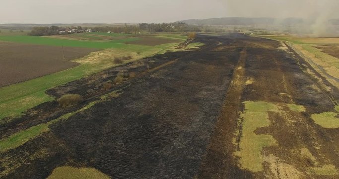 Aerial view of burning fields with stubble. 4K