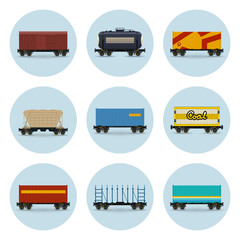 Set of Icons, Covered and Wagon for Coal, Container on Railroad Platform, Platform for Transportation of Bulk or Long Cargo and for Timber Transportation , Railway Tank Car and Hopper Car, Vector
