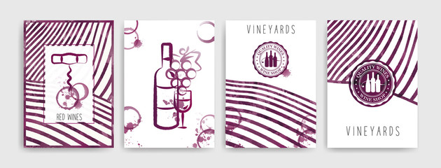 Collection of templates with wine designs. Brochures, posters, invitation cards, promotion banners, menus. Wine stains background.