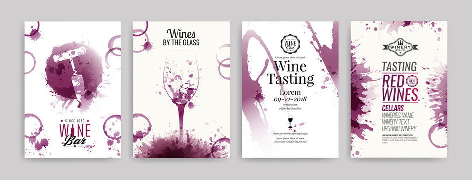 Collection of templates with wine designs. Brochures, posters, invitation cards, promotion banners, menus. Wine stains background.