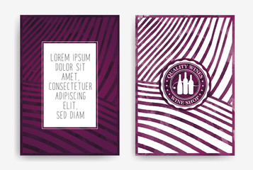 Templates with wine designs. Drawing of rows of vineyards with wine stains. Brochures, posters, invitation cards, promotional banners, menus, book covers. n