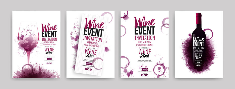 Collection of templates with wine designs. Brochures, posters, invitation cards, promotion banners, menus. Wine stains background.