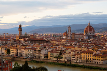 Florence, river embankment of Arno and Cathedral of Santa Maria del Fiore, Italy