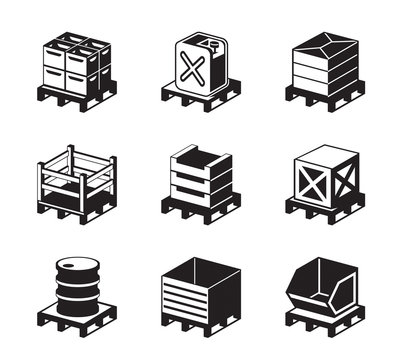 Pallets with containers for different goods - vector illustration