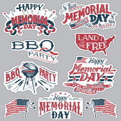 Happy Memorial Day. Barbecue party vintage labels. Set of holiday retro stickers. Hand-lettering with textured handcrafted letters and drawings