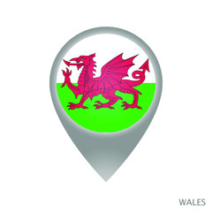 Map pointer with flag of Wales. Gray abstract map icon. Vector Illustration.
