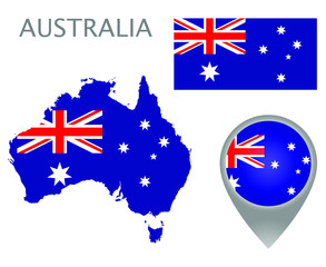 Colorful flag, map pointer and map of Australia in the colors of the Australian flag. High detail. Vector illustration