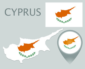 Colorful flag, map pointer and map of Cyprus in the colors of the Cyprian flag. High detail. Vector illustration
