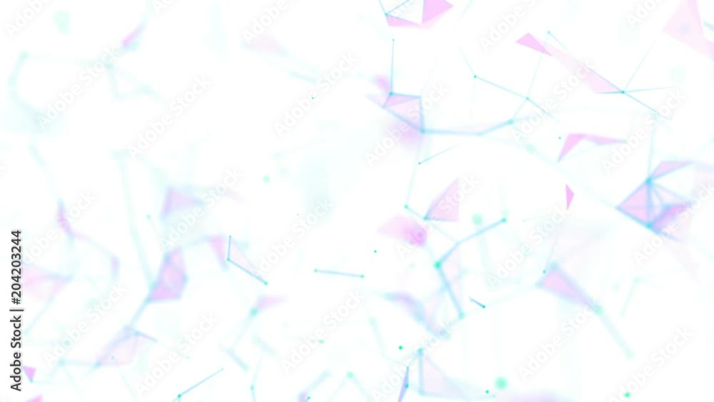Poster machine learning. blue lines, green dots, pink triangles. white background. plexus business cinemato